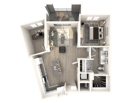 Floor plan for 1 bed, 1 bath, 986 sqft